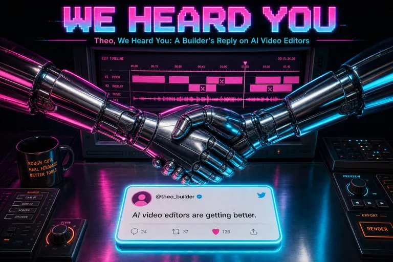 Two chrome hands shaking over a glowing tweet card, magenta-cyan rim light, a CRT timeline visible behind them