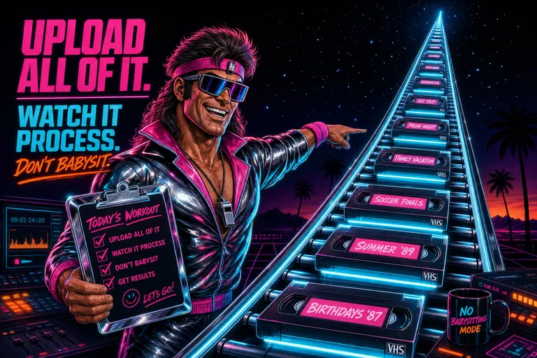 Gnarles Chopper in his sweatband and warmup jacket coaching a glowing chrome conveyor belt of VHS cartridges into the night sky, clipboard in hand