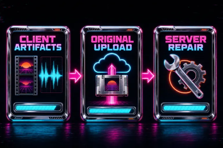 Diagram of the three upload phases — Client Artifacts, Original Upload, Server Repair — rendered as three glowing chrome panels with progress bars