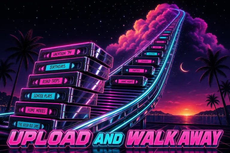 Stacked neon VHS cartridges flowing up a glowing chrome conveyor belt into a starlit cloud with a tiny moon on the horizon