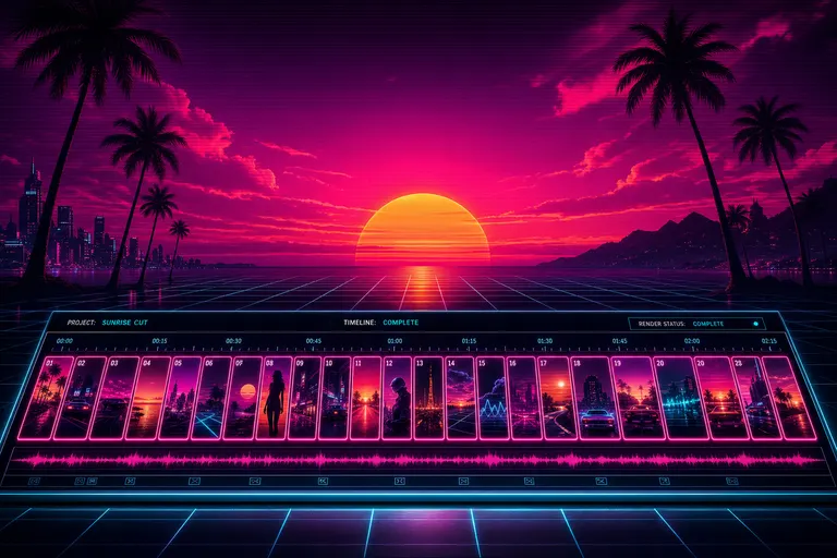 A magenta sunrise over a chrome grid-floor horizon with a finished, glowing timeline laid across the foreground, palm trees in silhouette