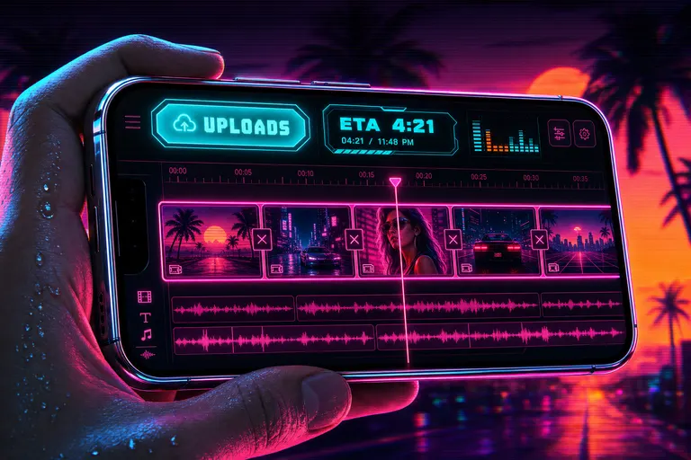 An iPhone in landscape showing a glowing cyan Uploads button and ETA chip pinned to the editor header row above a magenta timeline