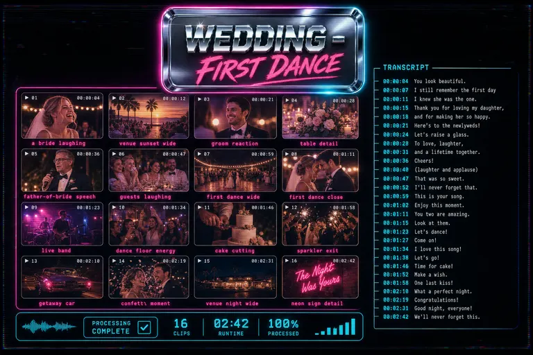 A glowing contact sheet of described frames over a transcript waterfall and a chrome title card — the 'fully processed' state of a shoot
