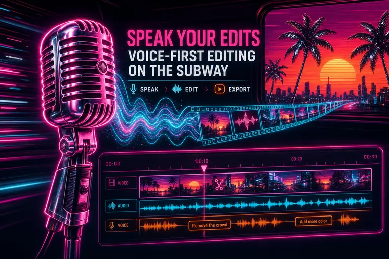 A neon-pink retrofuture microphone trailing comet-tail soundwaves that resolve into an edited film strip, palm trees in chrome silhouette against a synthwave sunset