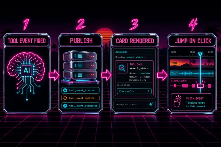 Diagram of the editor event flow: harness fires tool events, server publishes them, the chat renders cards, the timeline jumps on click