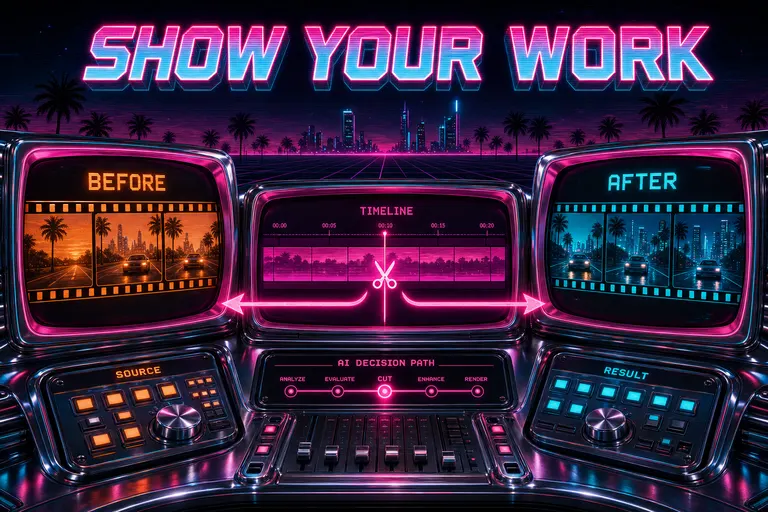A retrofuture chrome control room with neon-pink CRT screens showing before/after film strips, magenta arrows tracing the AI's decision path