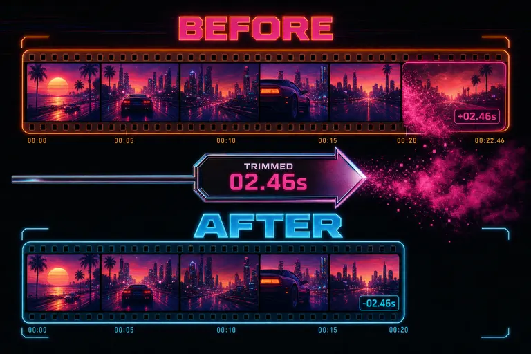 Two parallel filmstrips labeled BEFORE and AFTER with a chrome diff indicator showing the trimmed seconds dissolving into pink mist