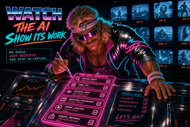 Gnarles Chopper in a sweatband leaning over a chrome console of glowing tool-call cards, holding a magenta marker, nodding at the receipts