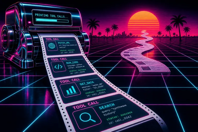 A long chrome receipt roll printing out tool-call cards into a magenta sunset over a palm-tree grid horizon
