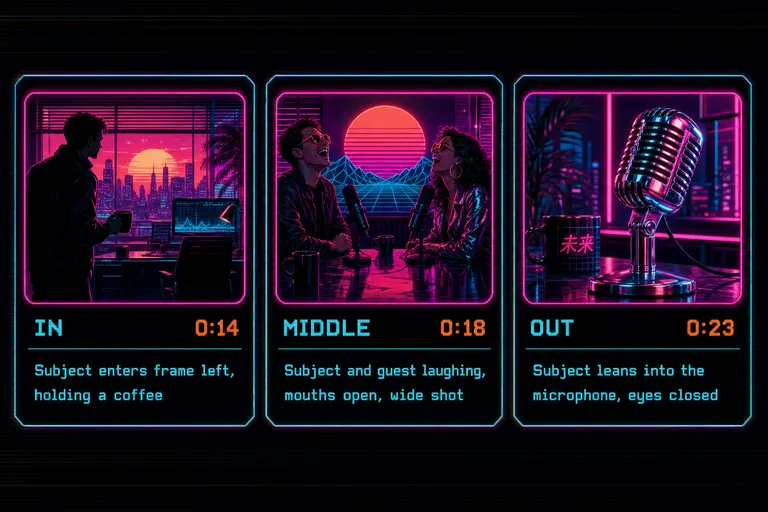 Mock screenshot of the three-frame IN / MIDDLE / OUT strip with thumbnail tiles and AI descriptions beneath each frame