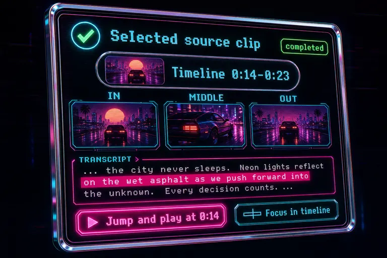 Mock screenshot of a single tool-call card with a status badge, clip identity pill, frame strip, transcript range, and timeline jump button