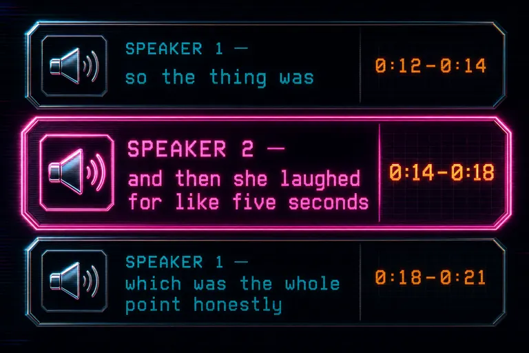 Mock screenshot zooming in on a transcript range preview with a speaker label and one highlighted line bracketed by surrounding context