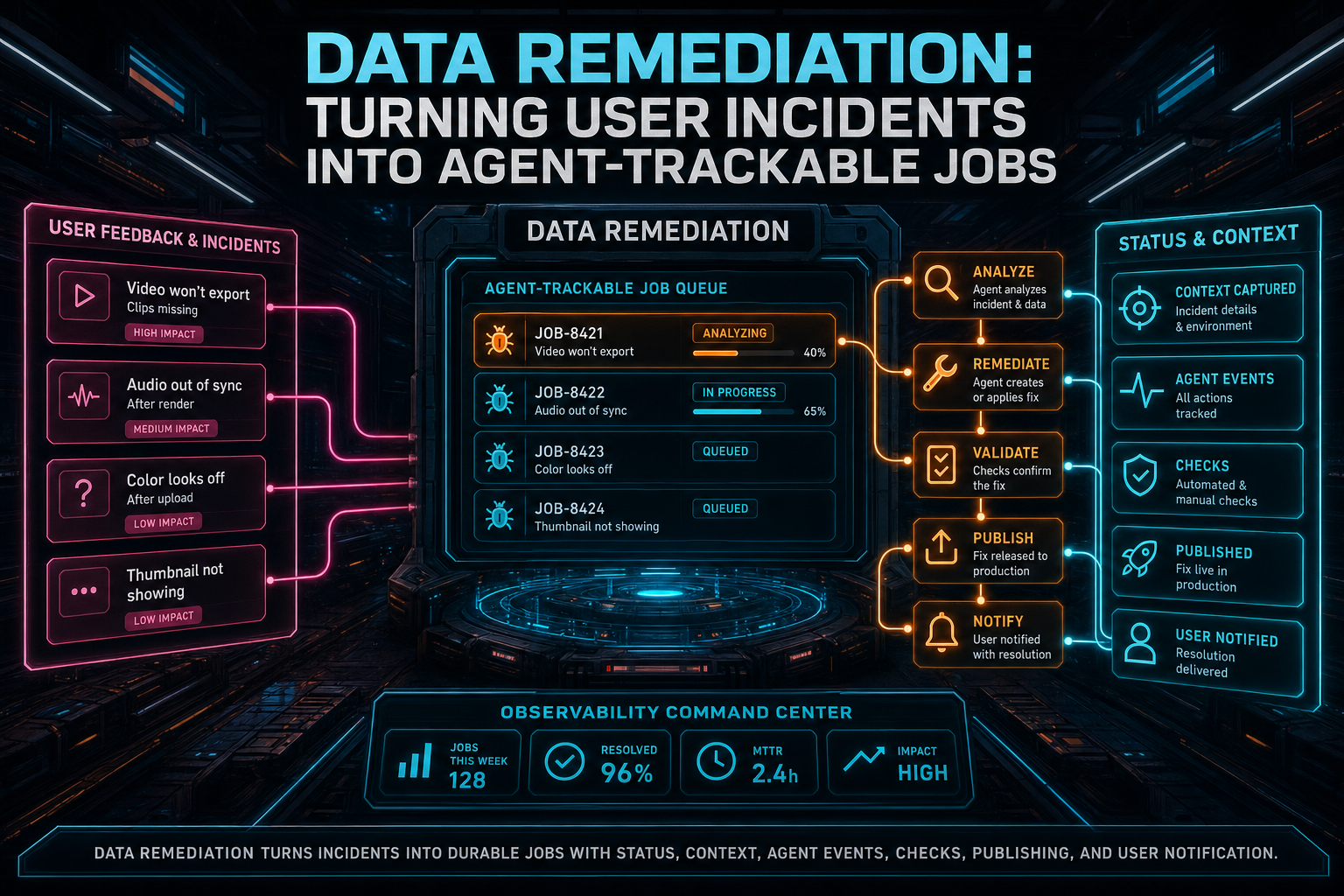 A dark VibeChopper DATA Remediation command center turning user feedback into tracked repair jobs.