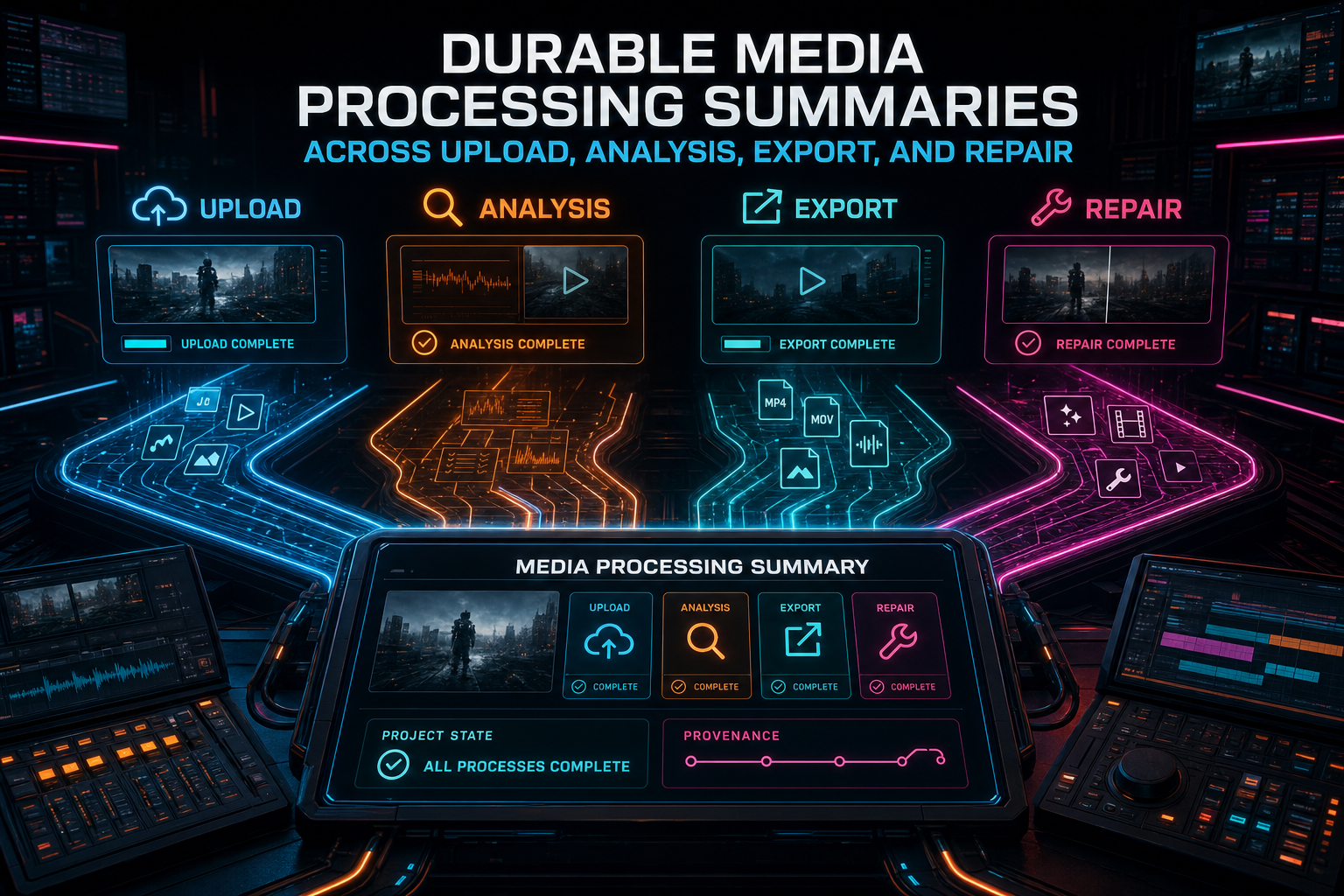 A dark VibeChopper production console showing upload, analysis, export, and repair lanes converging into one media processing summary.