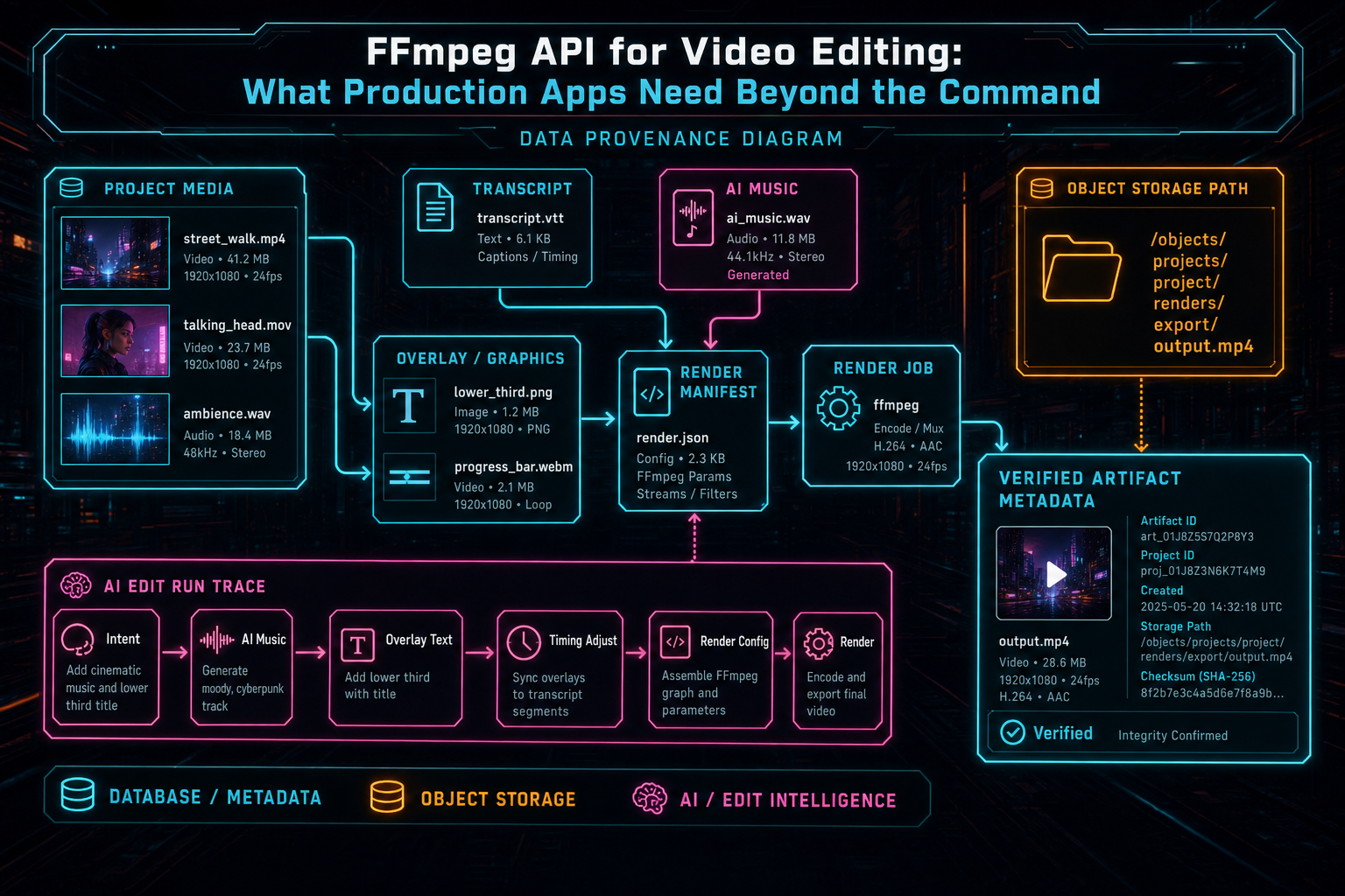 Provenance diagram linking source media, generated assets, render inputs, object storage paths, and final export metadata.