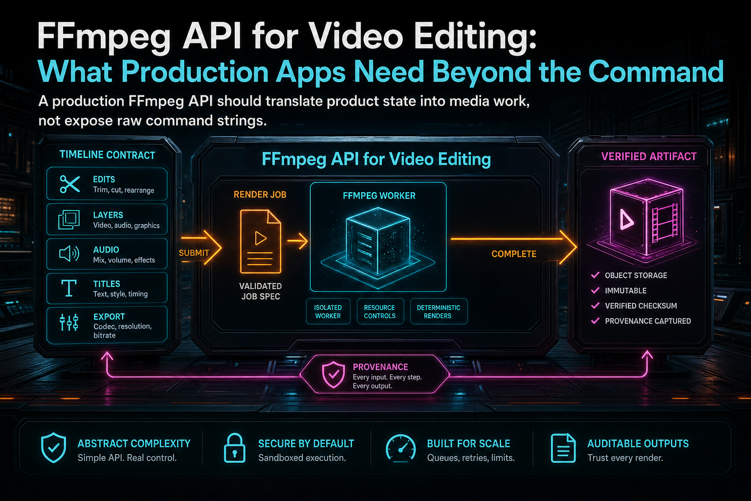 A dark VibeChopper production console showing an FFmpeg API turning timeline data into a verified video artifact.