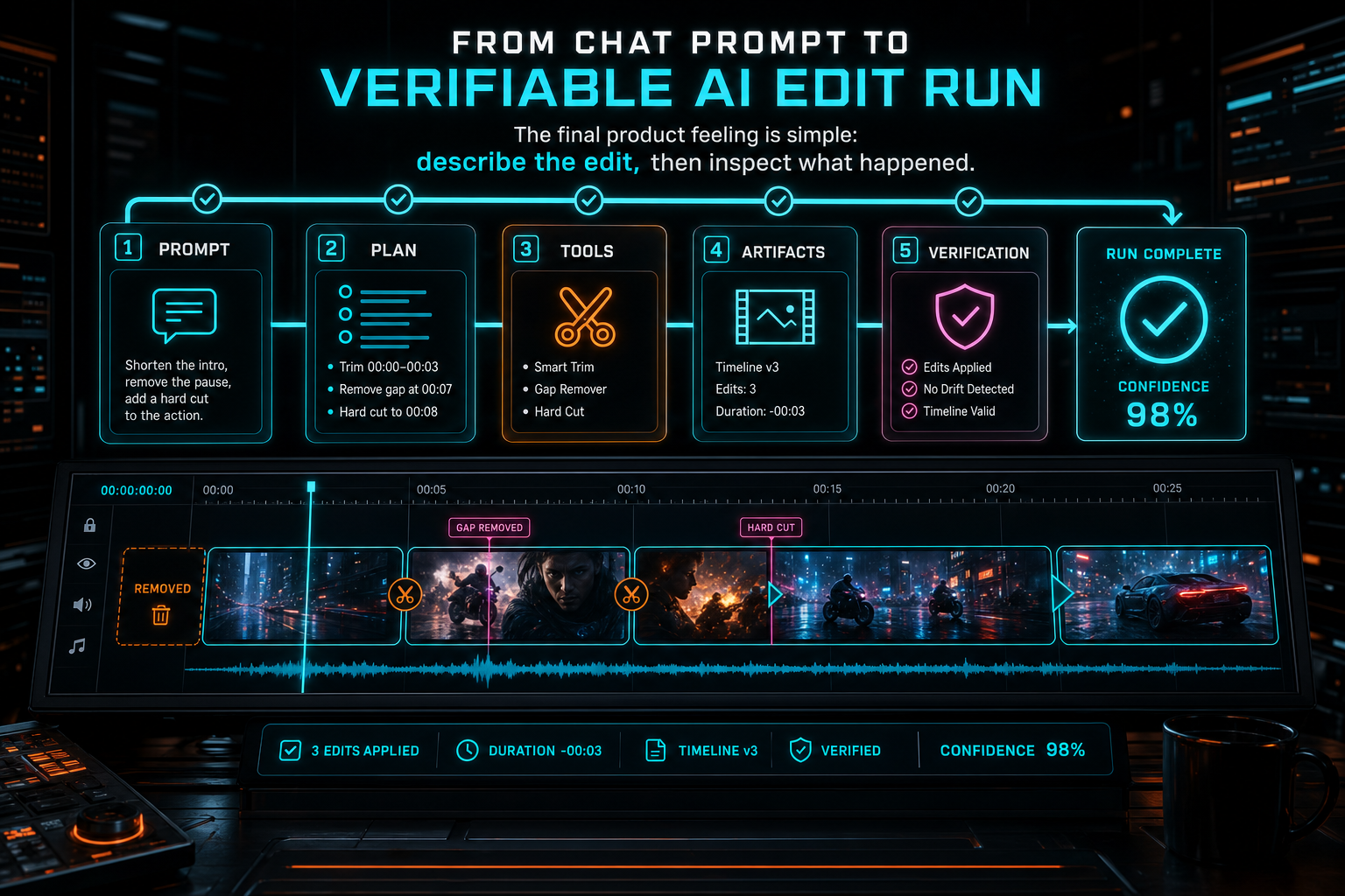 A complete AI edit audit trail glowing above a finished video timeline.
