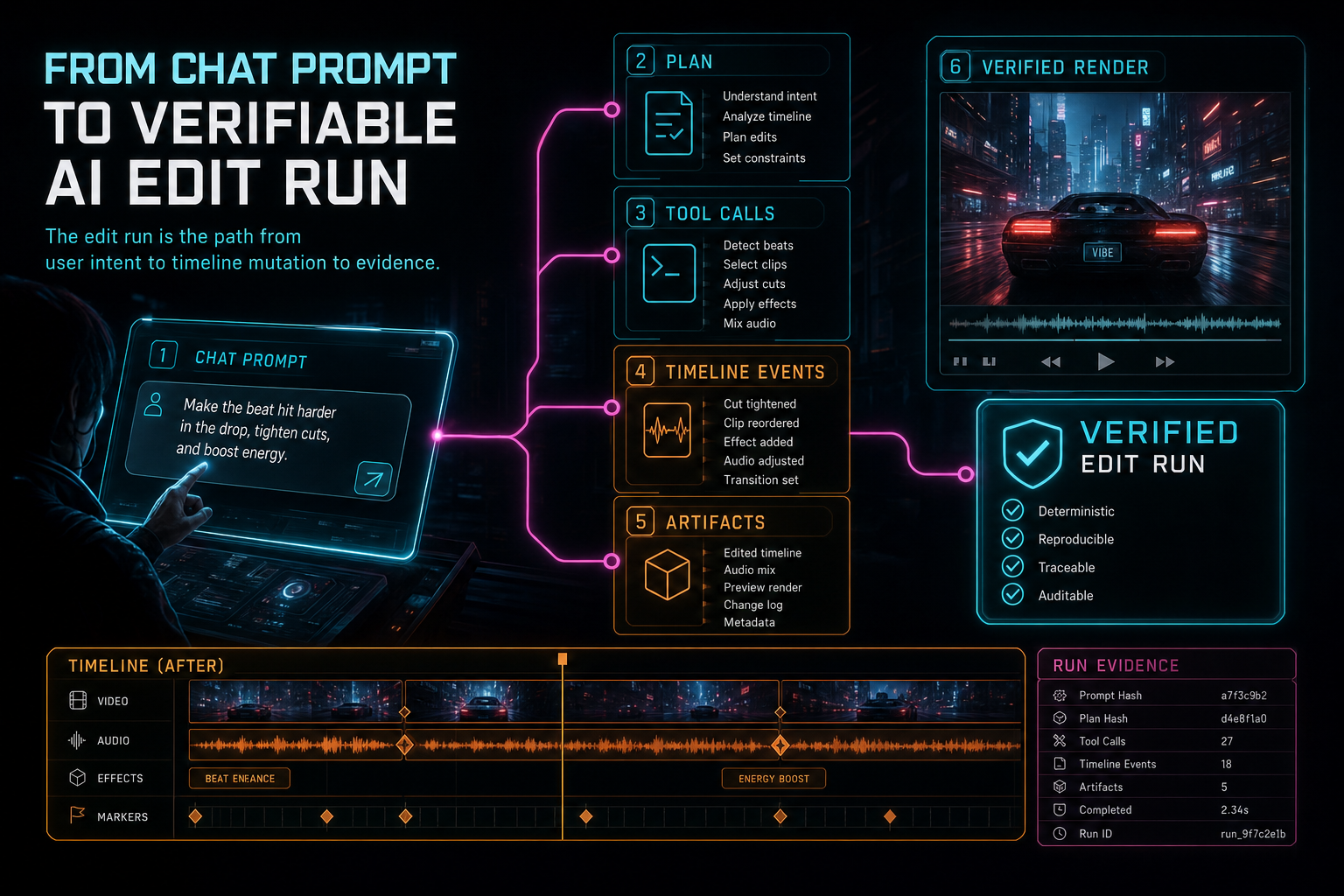 A cyberpunk VibeChopper console showing a chat prompt becoming a verified timeline edit run.