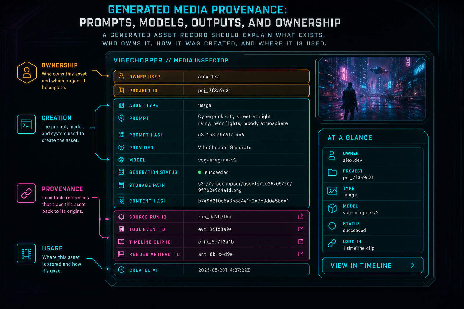 A product callout showing generated media metadata fields including prompt, provider, model, output type, owner, project, and usage links.