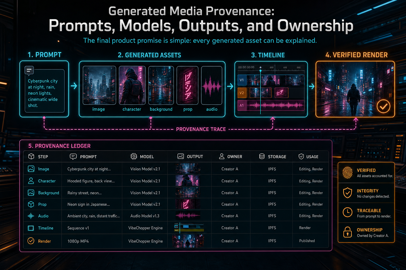 A complete VibeChopper pipeline where generated assets carry provenance from prompt through media graph to verified render.