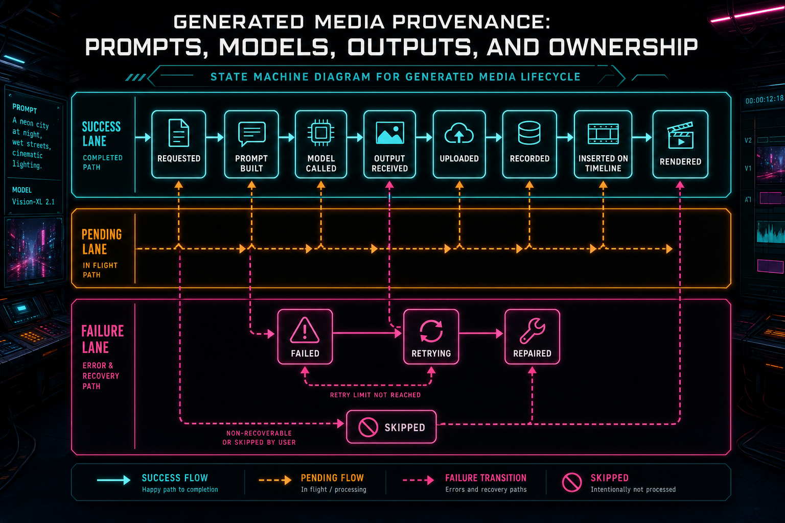 State diagram for generated media from requested to completed, skipped, failed, retried, inserted, and rendered.