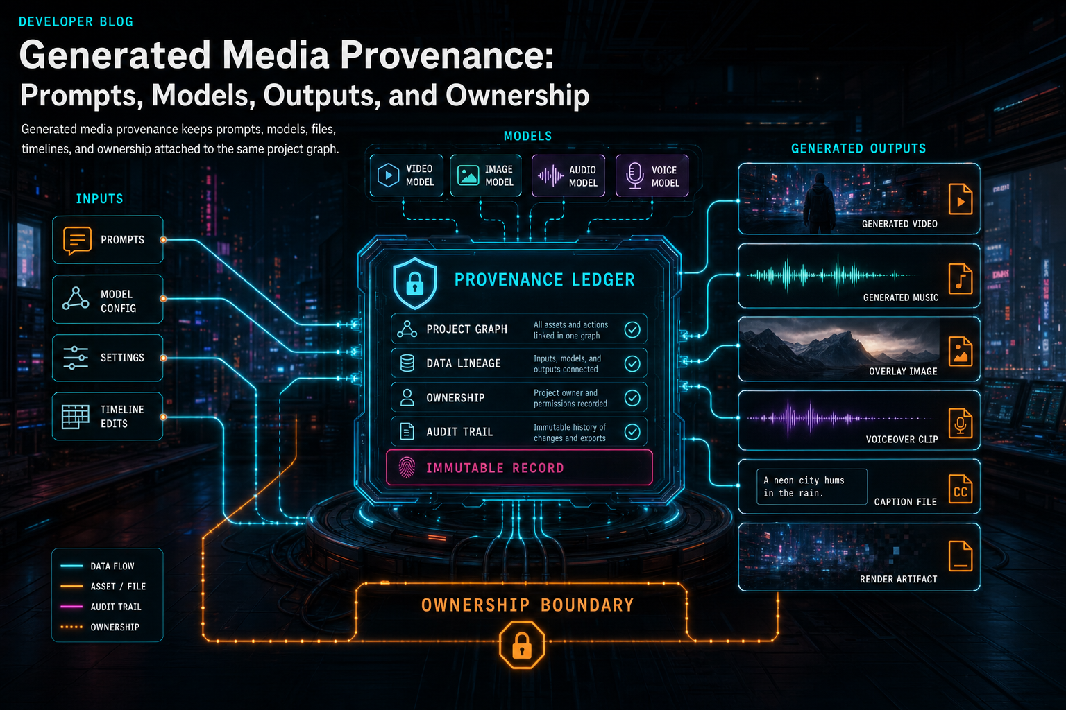 A dark VibeChopper edit lab showing prompts, models, generated media outputs, and ownership records connected in one provenance ledger.