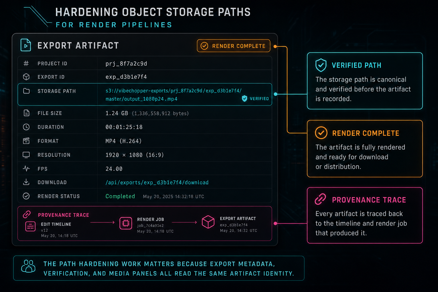A VibeChopper export artifact card showing storage path, file size, duration, format, project ID, and export ID.