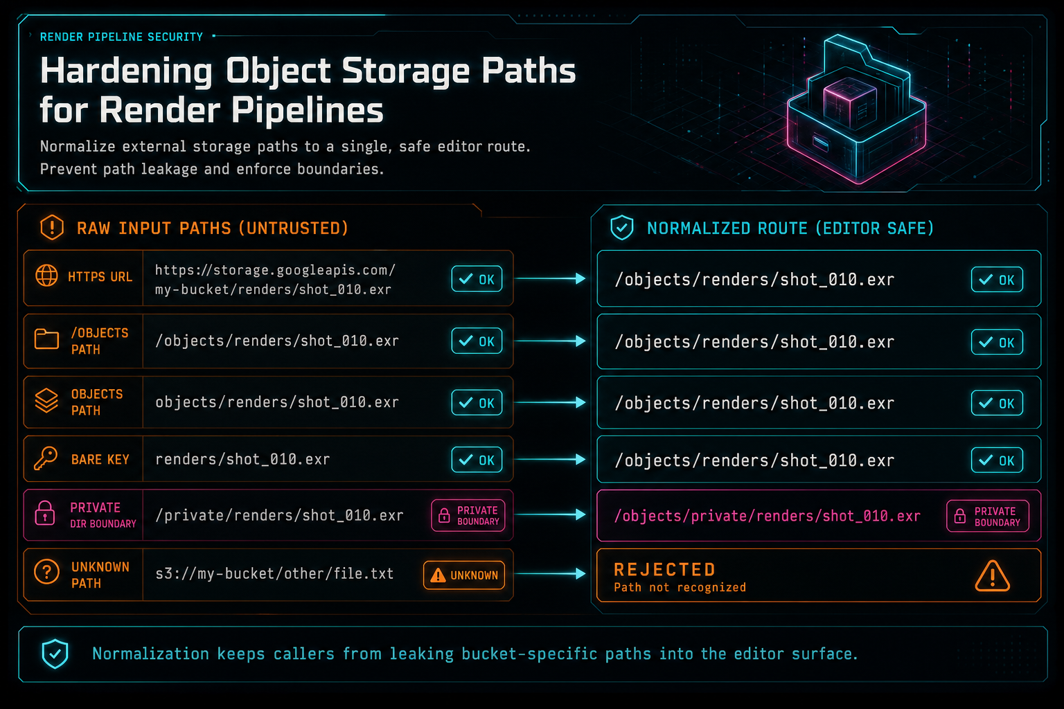 A product callout showing several raw storage URL formats normalized into a VibeChopper objects route.