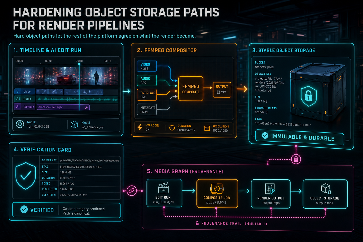 A complete VibeChopper render pipeline from timeline to compositor to stable object storage to verification and media graph.
