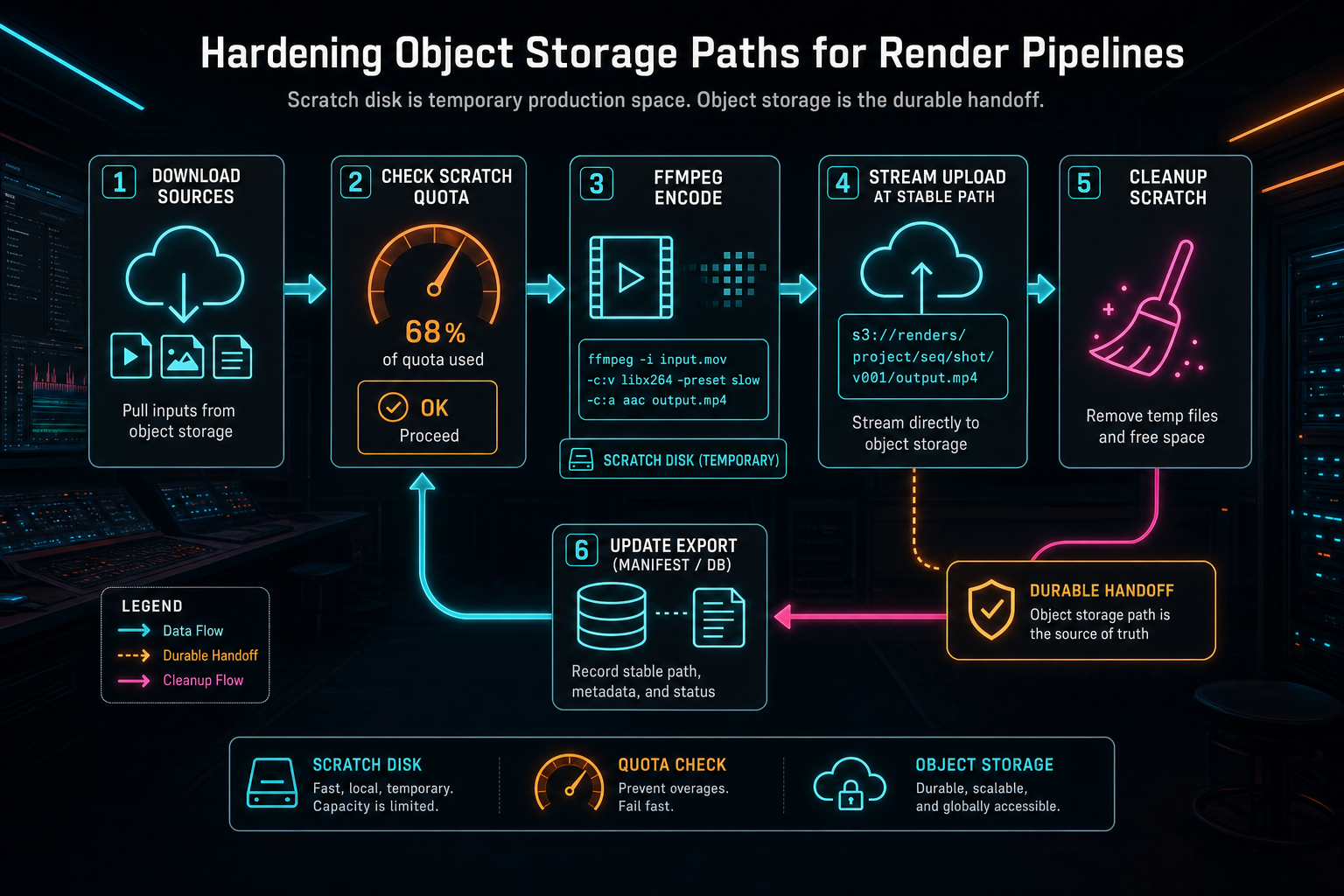 Workflow diagram showing source downloads, scratch rendering, quota checks, stream upload, and scratch cleanup.