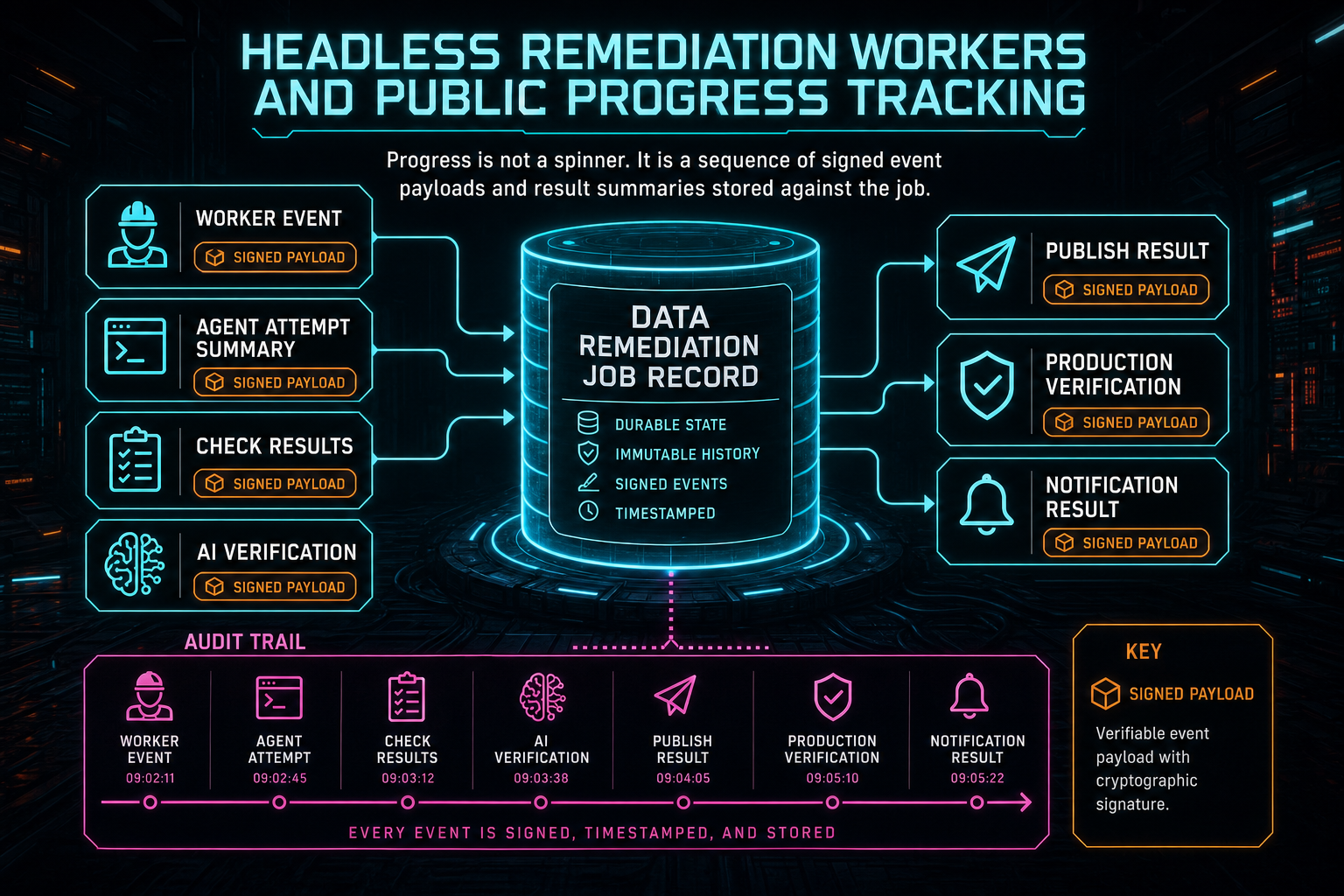 Data provenance diagram showing worker events, command summaries, check results, publish metadata, and production verification feeding durable job state.