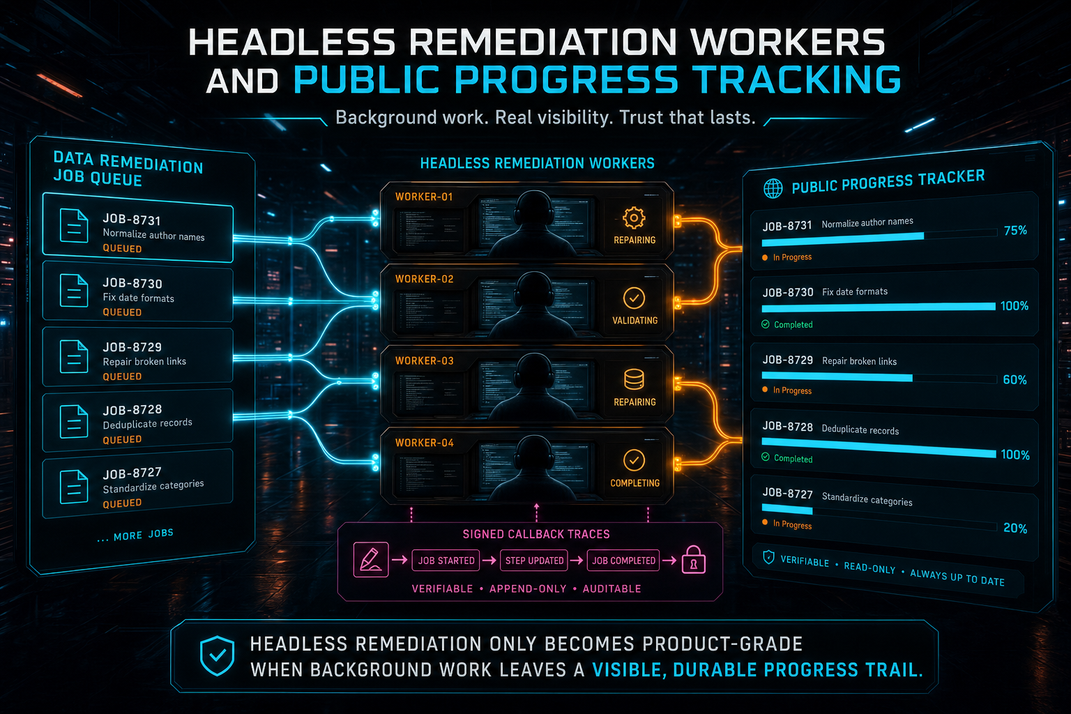 A dark VibeChopper operations room showing headless remediation workers moving jobs into a public progress tracker.