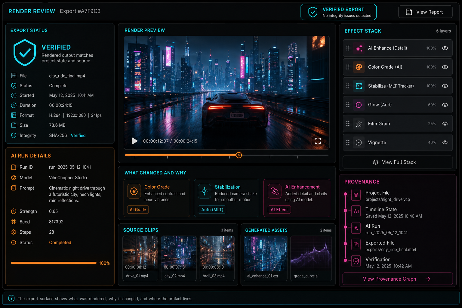 A render review screen showing verified exports, effect state, and AI run details.