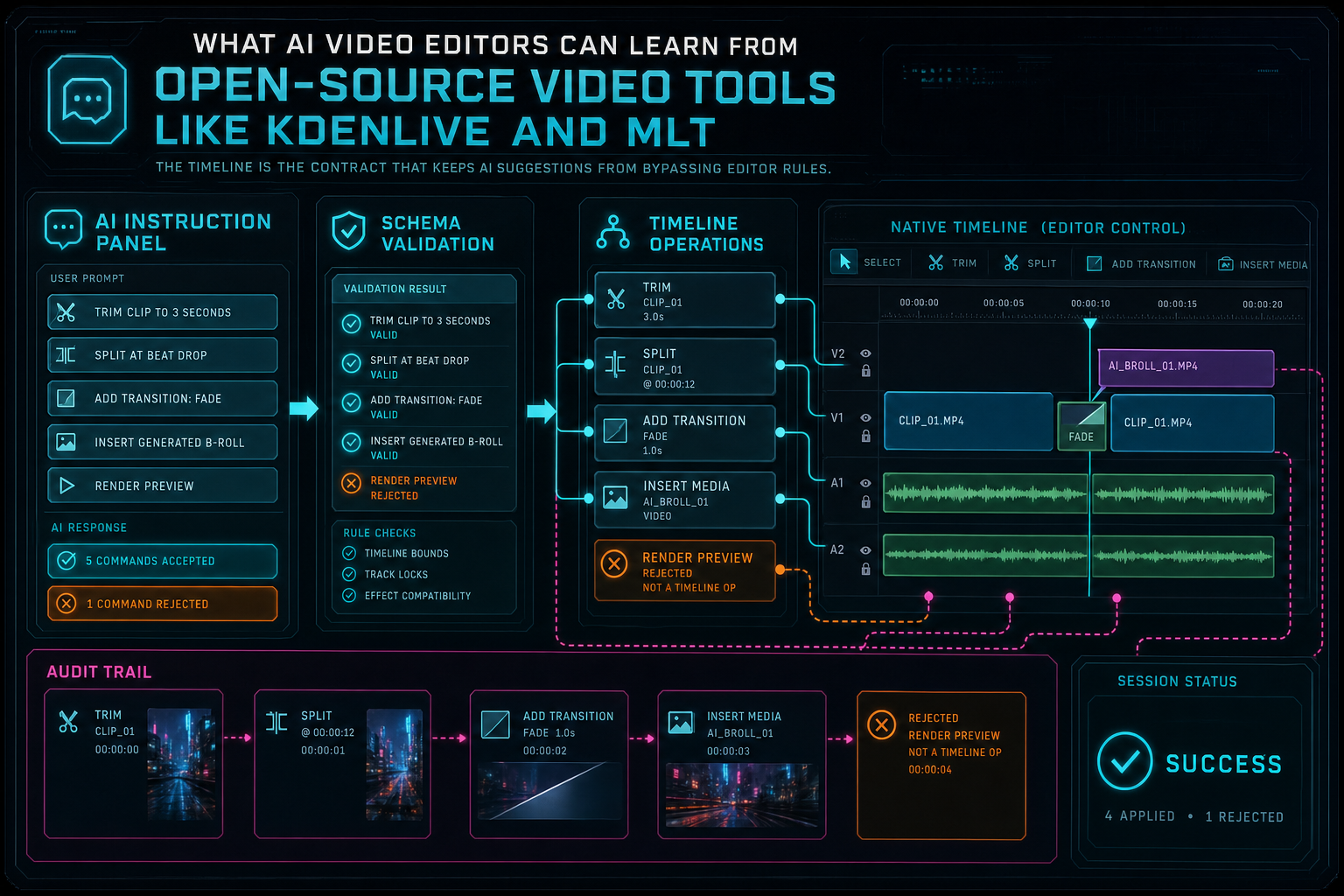 A product callout showing AI commands being converted into validated timeline operations.