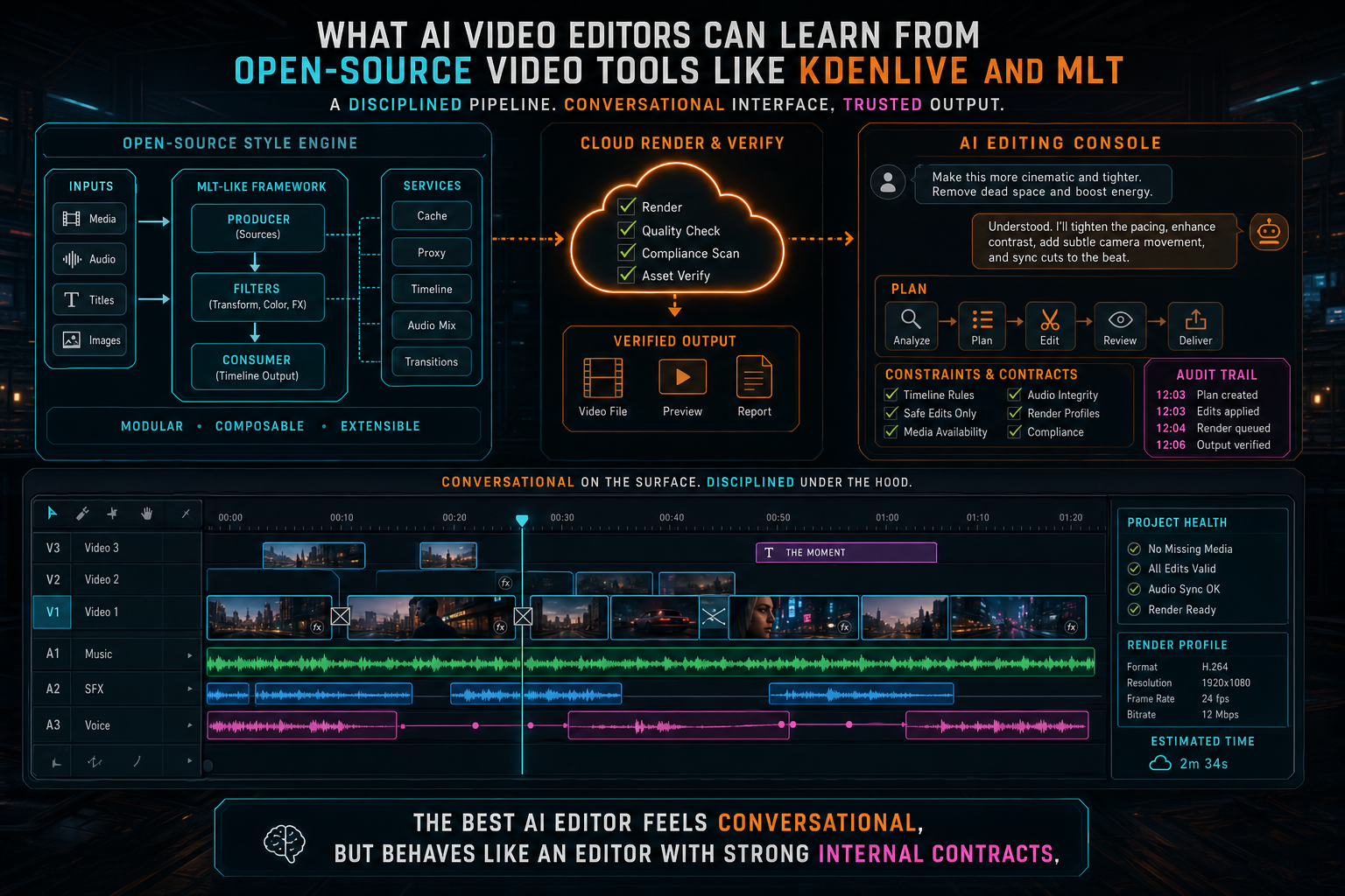 A finished AI video editor pipeline combining open-source style timeline discipline with conversational editing.