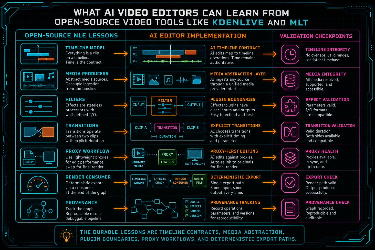 Architecture diagram showing lessons from Kdenlive and MLT for AI video editor design.