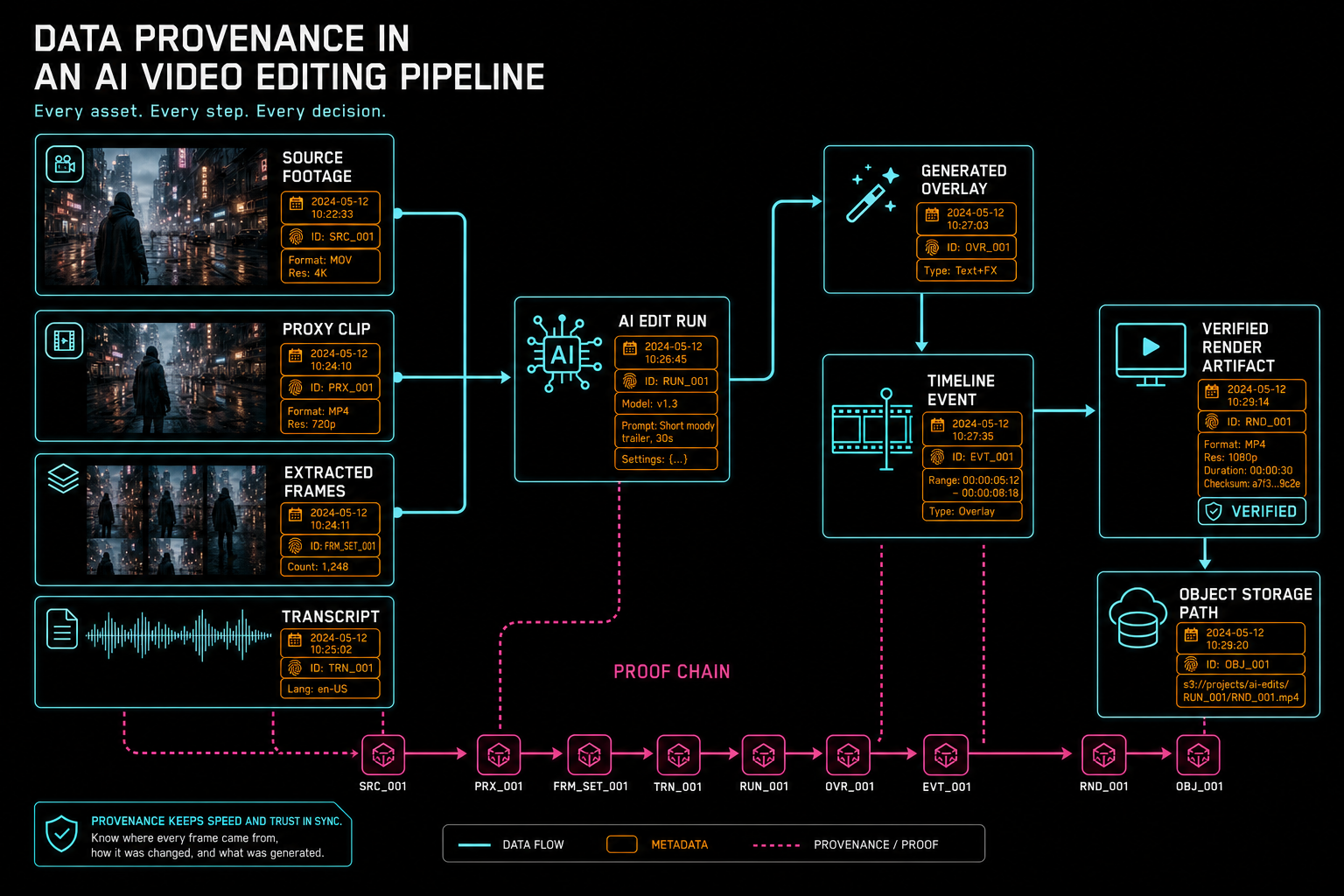 A provenance diagram connecting source footage, proxy media, frame analysis, transcripts, AI edit runs, and final renders.