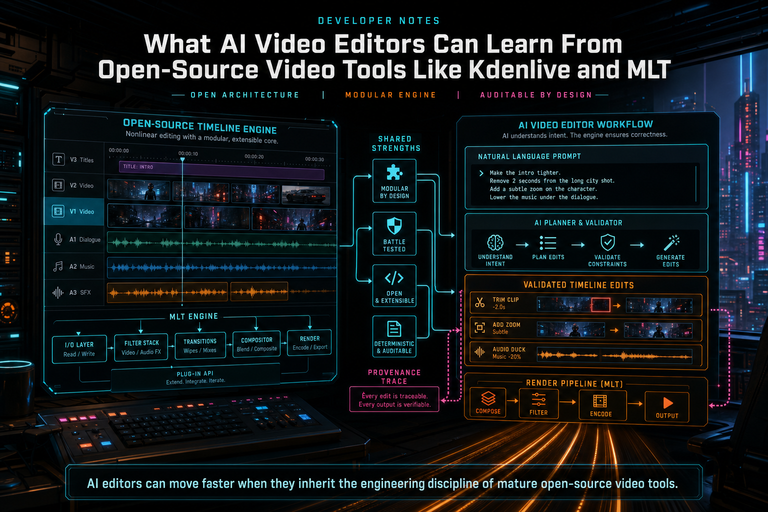 A dark VibeChopper edit lab comparing an open-source timeline engine with an AI video editor workflow.