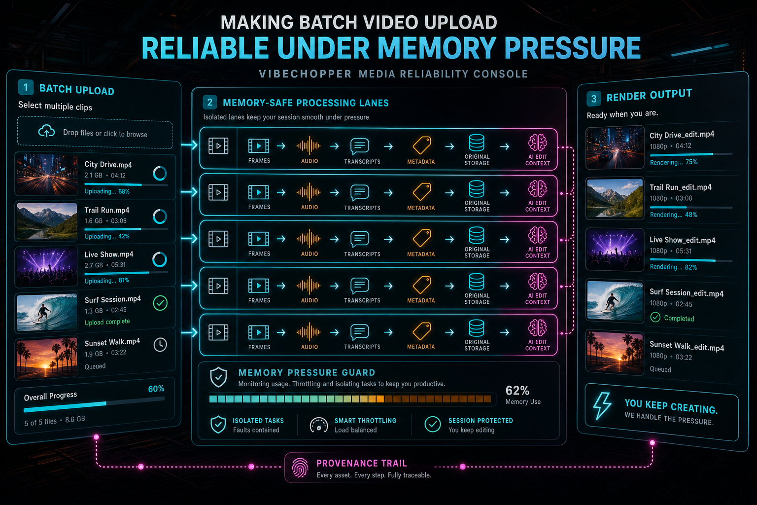 A complete VibeChopper media reliability console connecting batch upload to AI editing and render output.