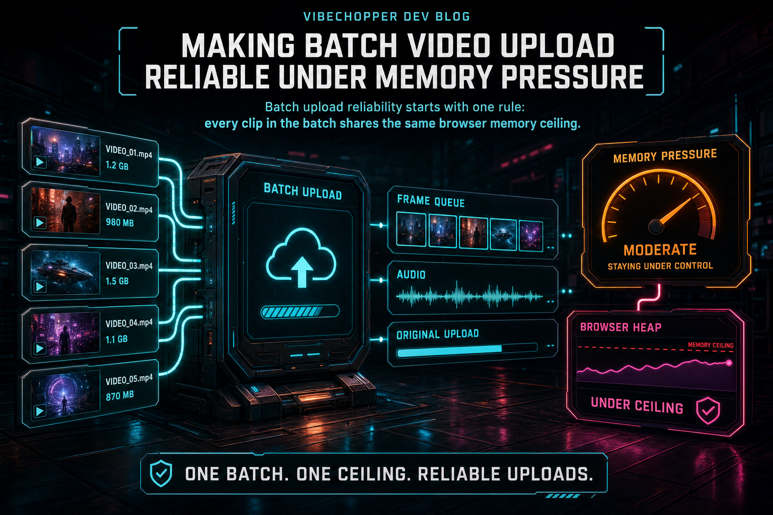 A dark VibeChopper upload console processing several video files while memory pressure is held under control.