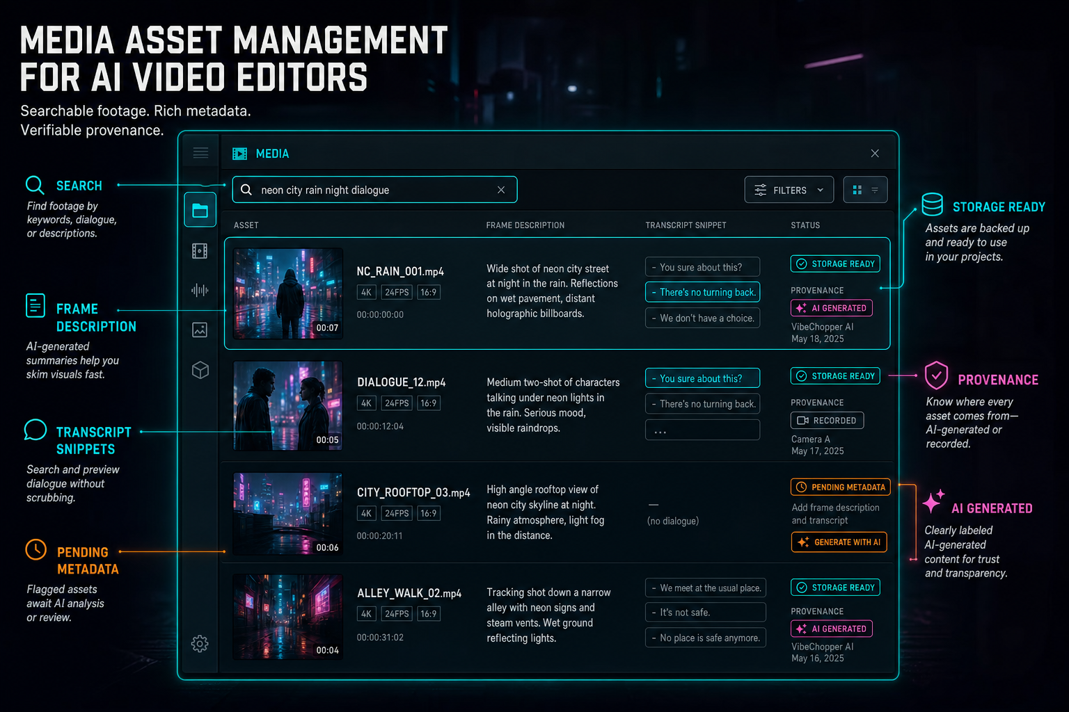 A VibeChopper media panel callout with searchable footage, transcript snippets, frame descriptions, status chips, and provenance badges.