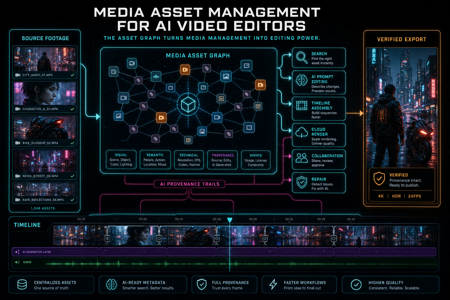 A complete AI video editing pipeline where the media asset graph feeds search, prompt editing, timeline assembly, rendering, and remediation.