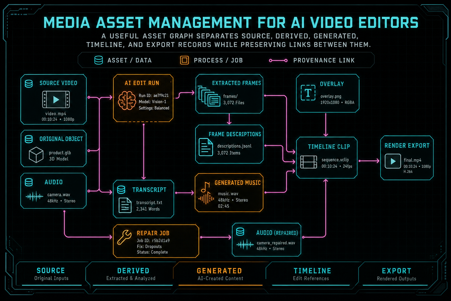 Architecture diagram showing source media, derived media, generated media, timeline references, exports, and AI run records in an asset graph.