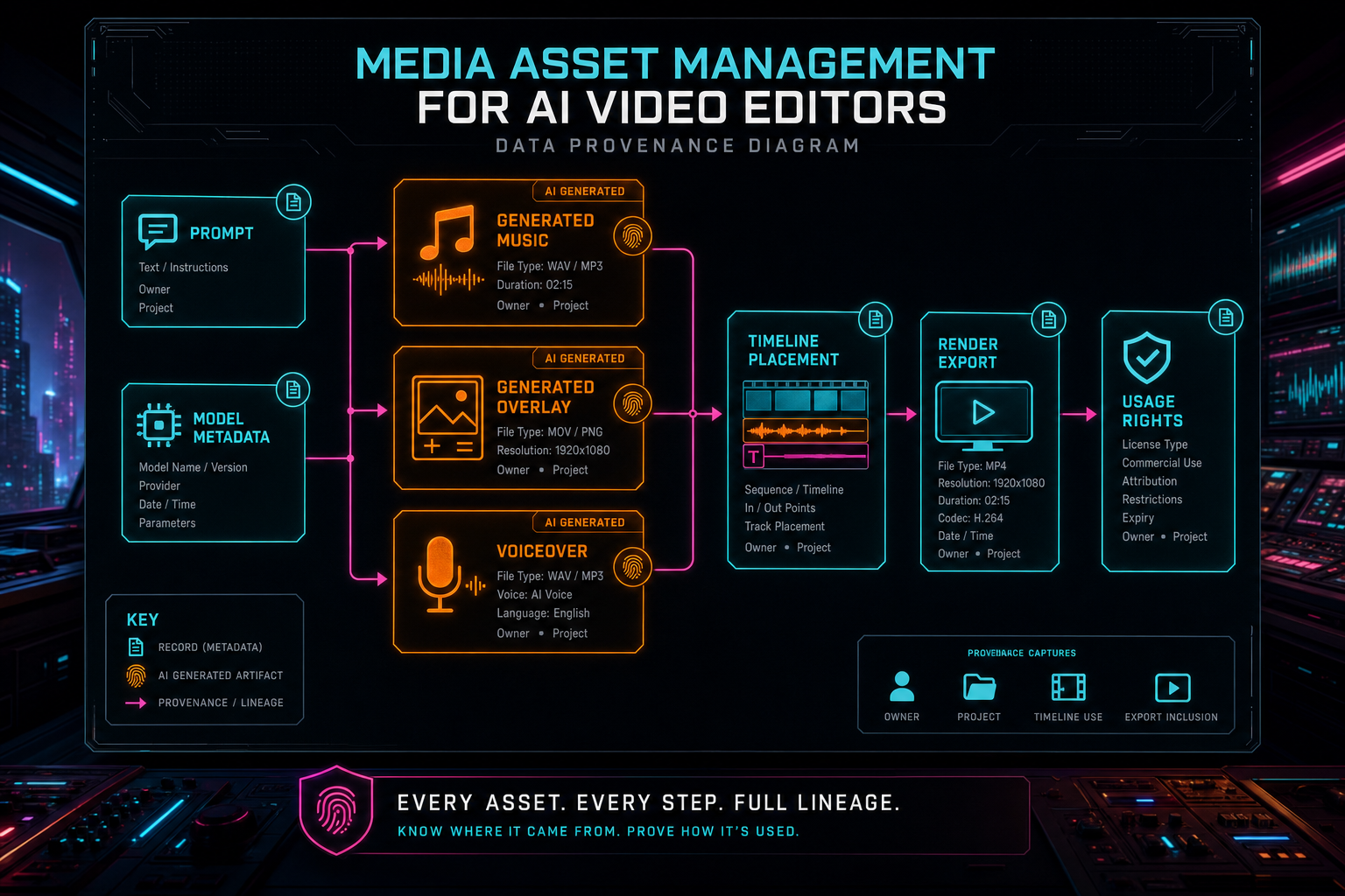 Provenance diagram linking AI generated music, overlays, voiceovers, prompts, model metadata, timeline placement, and final renders.