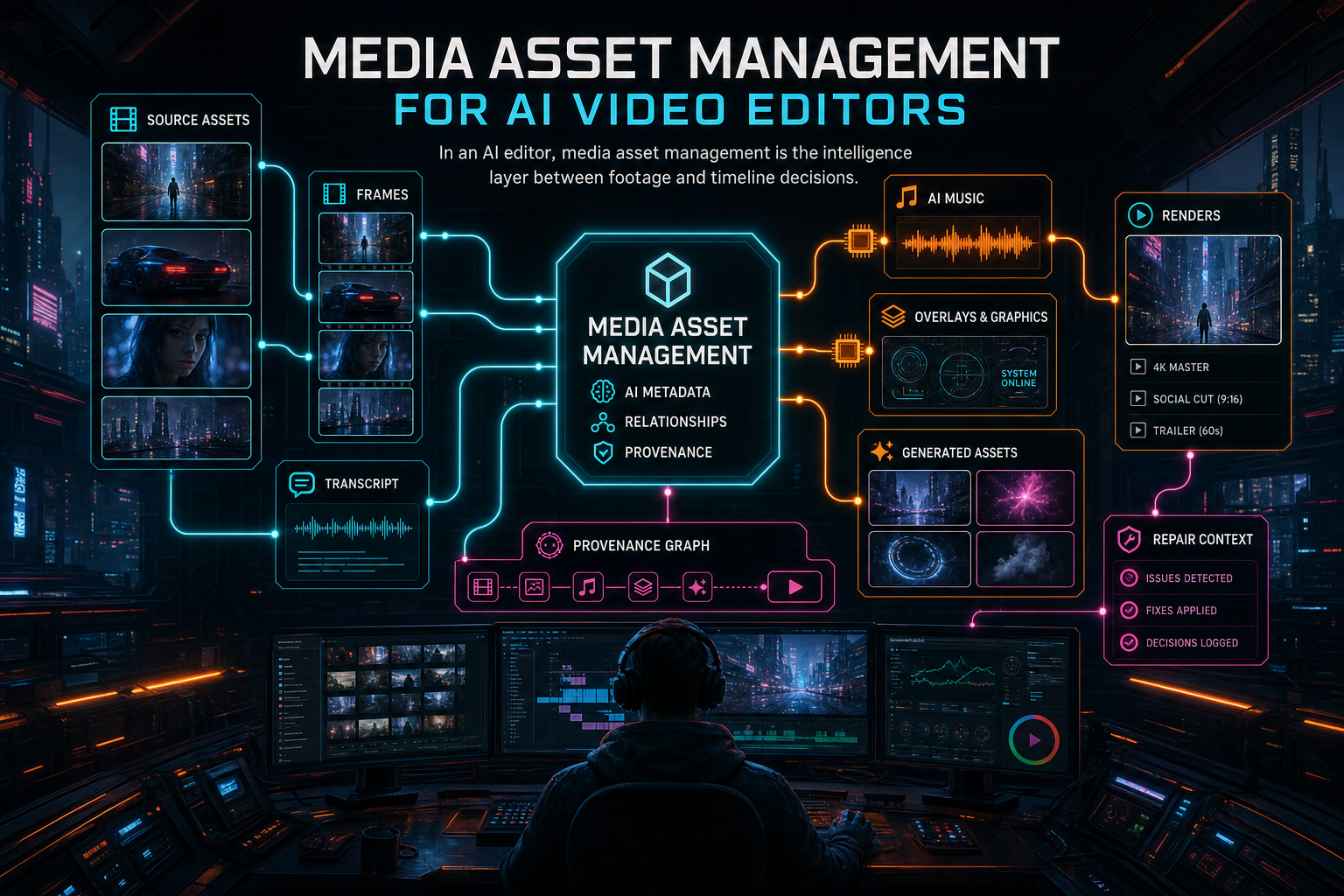 A dark VibeChopper media asset command center showing source clips, AI metadata, generated assets, and renders connected in one graph.