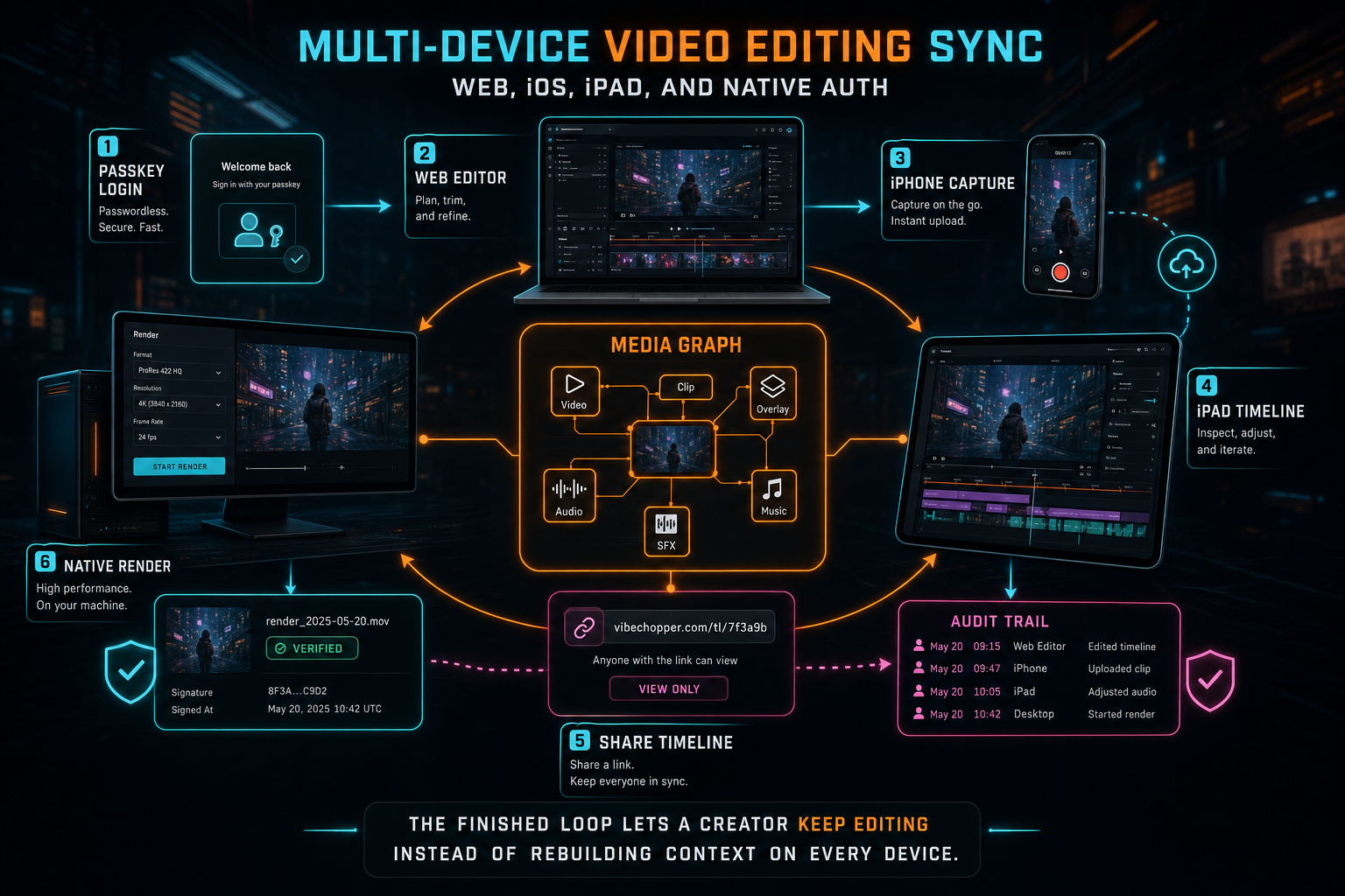 A complete multi-device editing loop from passkey login through upload, media graph, AI edit run, shared view, and verified render.
