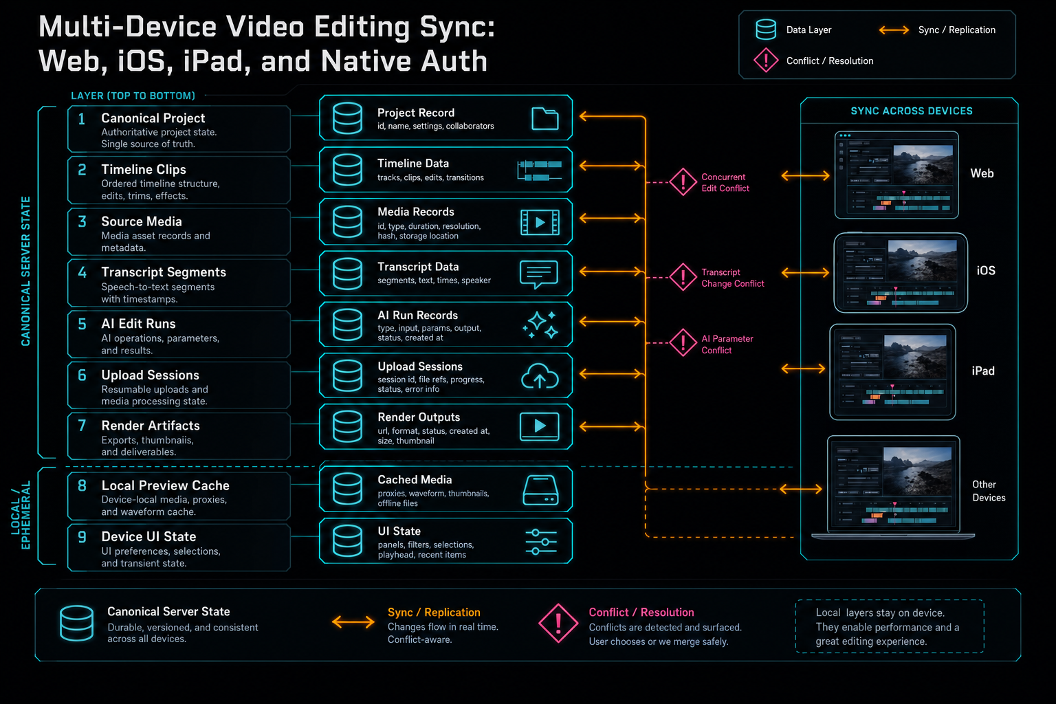 Layered data diagram showing canonical project state, media records, transcript segments, AI edit runs, upload sessions, and render artifacts.