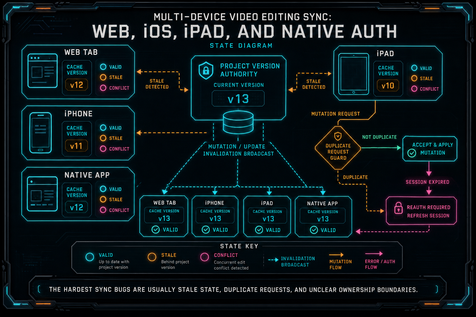 Diagram showing stale device cache, refreshed project version, mutation invalidation, and conflict-safe timeline updates.