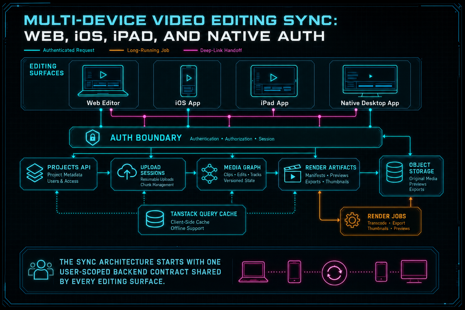 Architecture diagram for multi-device video editing sync with web, native apps, auth middleware, project storage, media graph, upload sessions, and render outputs.