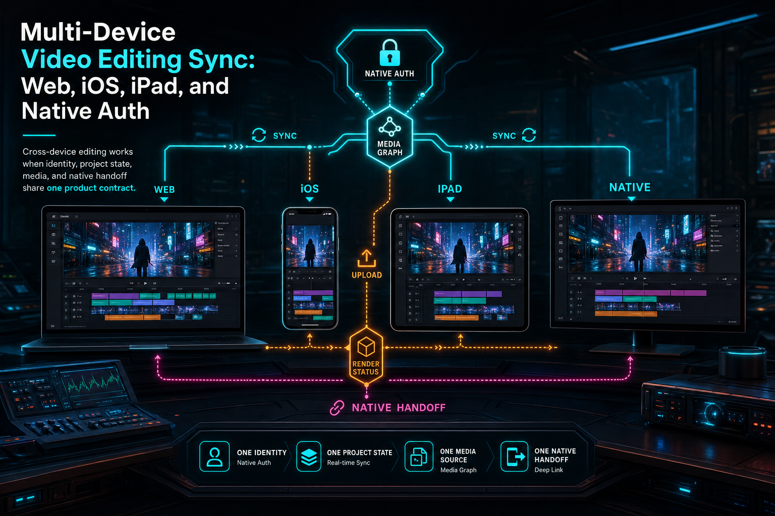 A dark VibeChopper control room showing one video project synchronized across web, iPhone, iPad, and desktop app surfaces.